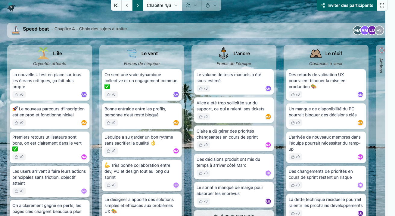 Interface de l'application Umbreon montrant une rétrospective agile en cours